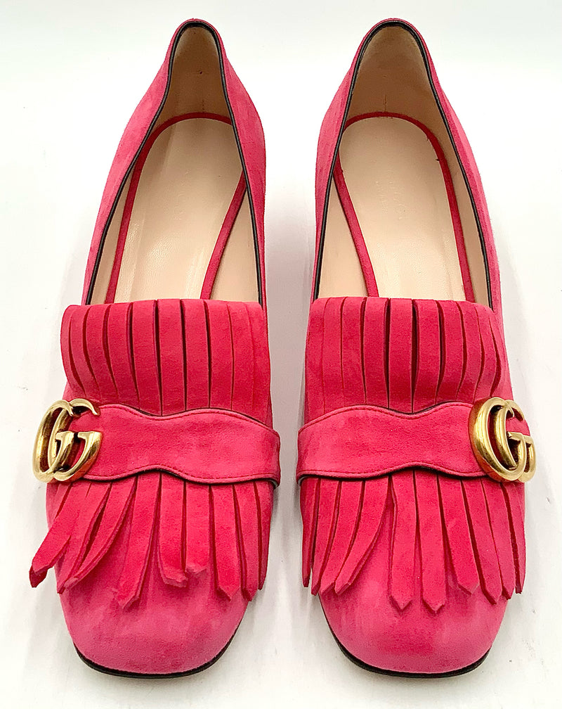 GUCCI Hot Pink Suede Scamosciato Fringe Marmont Pumps 9