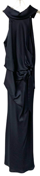 CAMILLA AND MARC Navy Satin High Neck S/L Draped Tie Waist Antonelli Gown