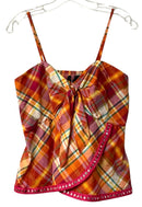 LA PLAGE Fuschia/Orange/Green Plaid w/Silver Sequin Detail Spaghetti Strap Top