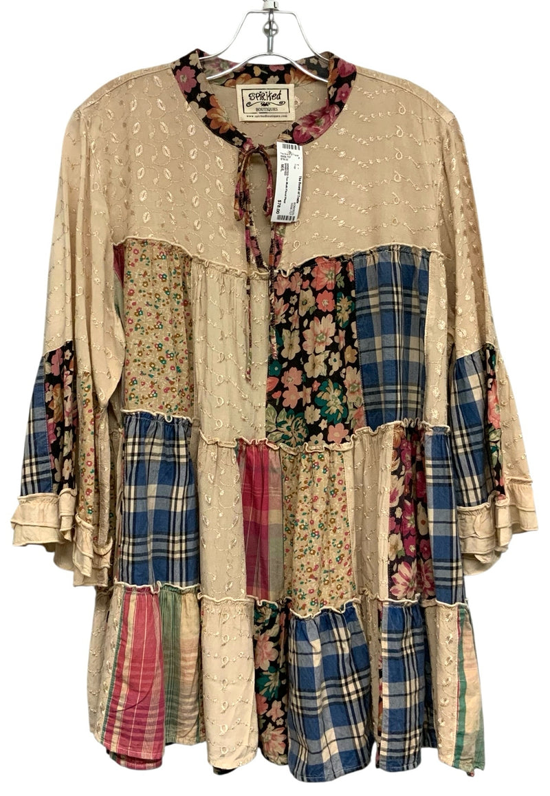 SPIRITED Tan Multi Floral Plaid Babydoll Tunic Top
