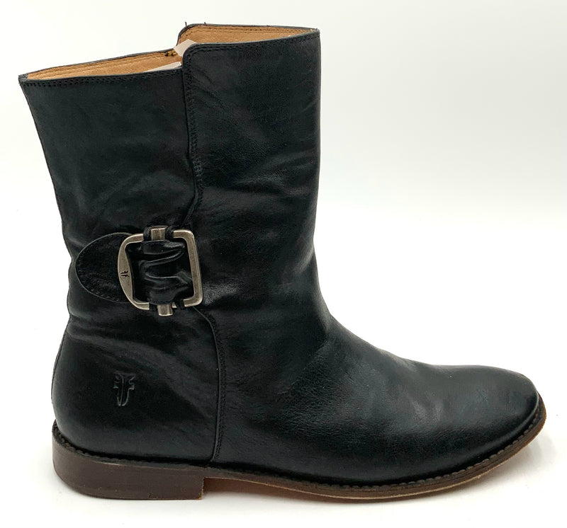 FRYE Black Leather Mid Calf Paige Buckle Boots 9.5
