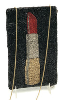 MARY FRANCES Black/Red/Gold Bugle Bead "Lipstick" Clutch Phone Bag Cross Body