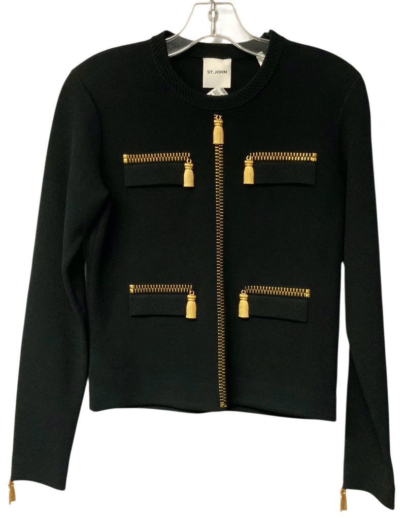 ST JOHN Black Knit Goldtone Tassel Accent L/S Top