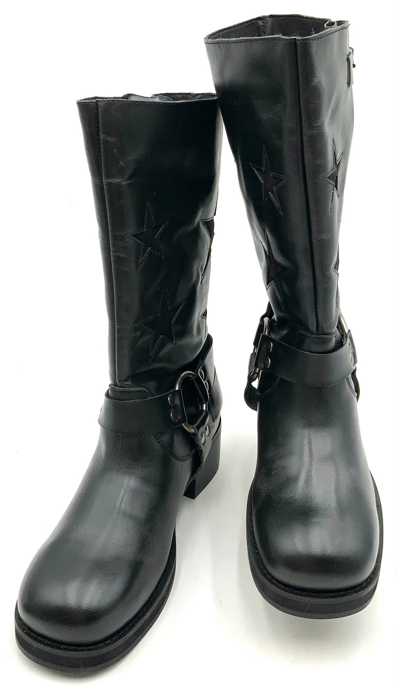 DINGO Black Lea Tooled Inlay Round Toe Pull On Motorcycle Boots 9.5