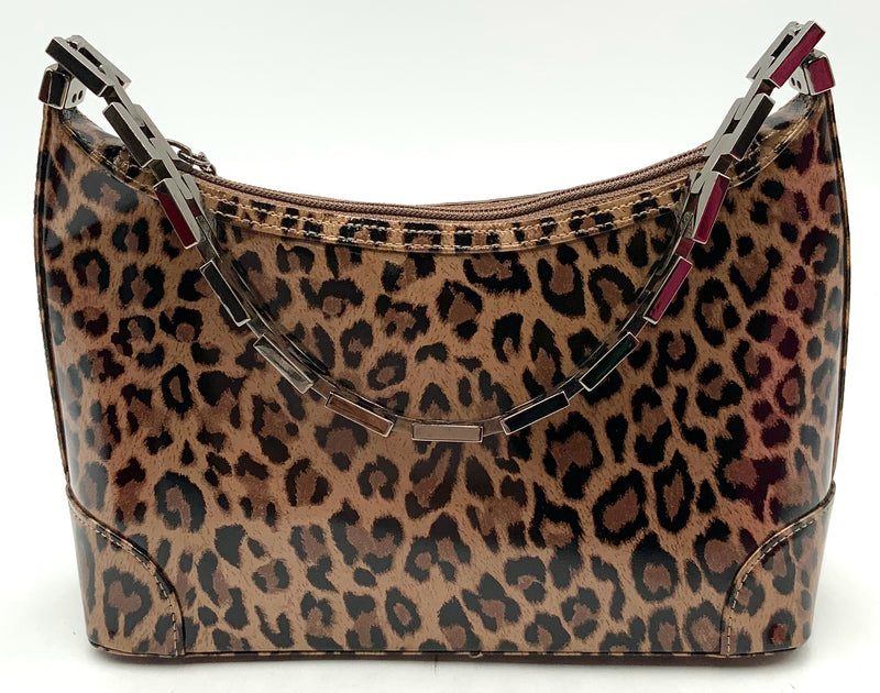 STUART WEITZMAN Black Tan Patent Leather Leopard Print Chainlink Handle Mini Bag