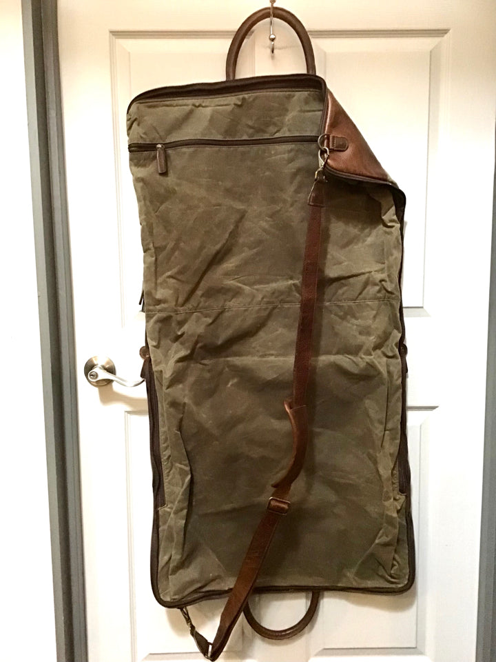 MOORE & GILES Brown Leather Olive Canvas Gravely Garment Bag