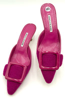 MANOLO BLAHNIK Fuchsia Tweed Leather Square Buckle Mules 38.5