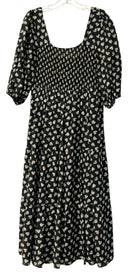 JOHNNY WAS Black/White Heart Print Smocked Bodice Puff Sleeve Dress