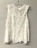 JOHNNY WAS White Eyelet w/Floral Embroid & Ruffle Trim S/L Top