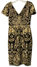 MARCHESA NOTTE Black/Gold Brocade V-Neck S/S Dress