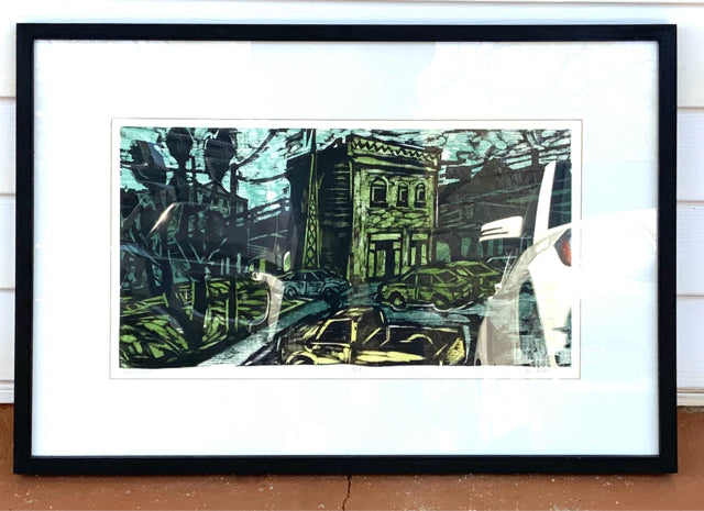 Kent Ambler Woodcut of Urban Landscape in Black Frame