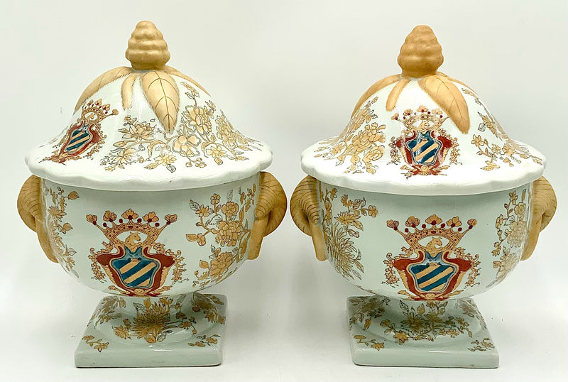 Pair of Ceramic Armorial Lidded Urns