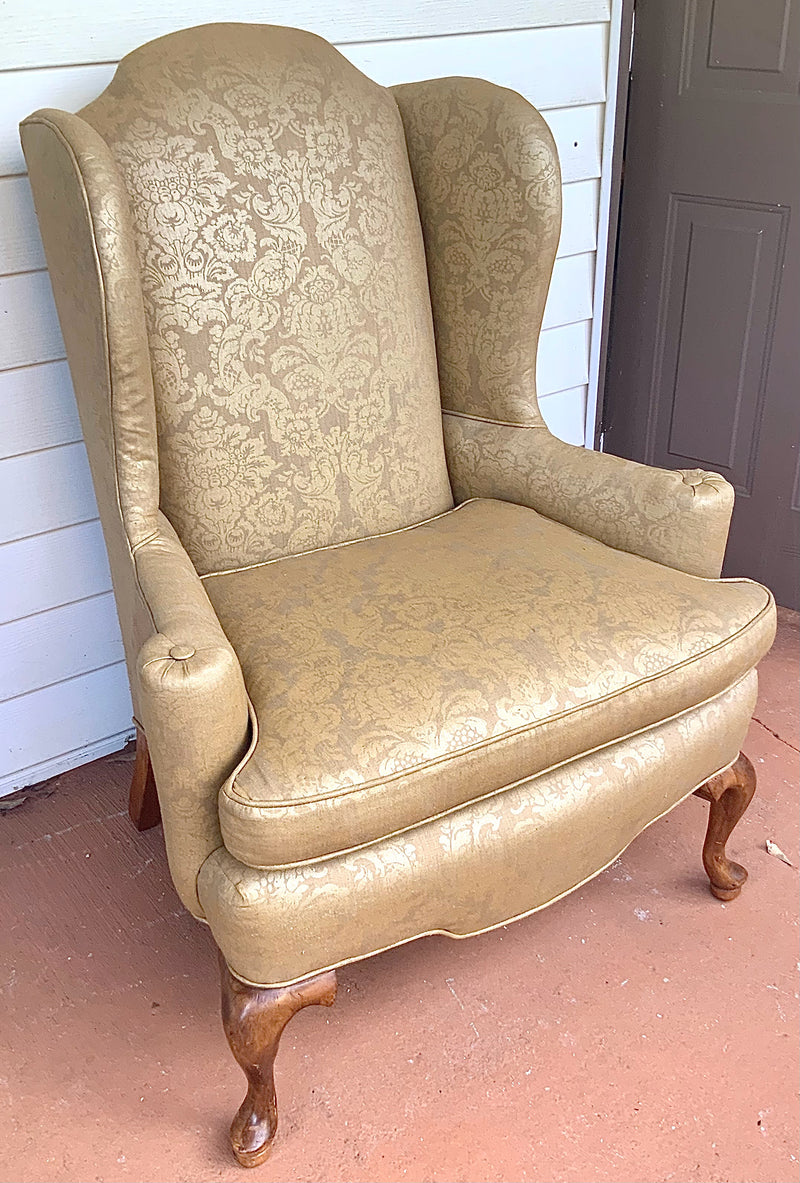 Vintage Queen Anne Armchair with Cotton Damask Upholstery