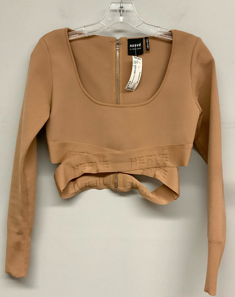 HERVE LEGER Toffee Scoop Neck Logo Zip Back L/S Crop Top