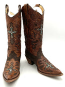 CORRAL Brown Leather & Python Crystal Cross Snip Toe Western Boots Boots 9