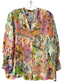 JOHNNY WAS Cream Multi Floral Bird Print Cupra L/S B/D Top