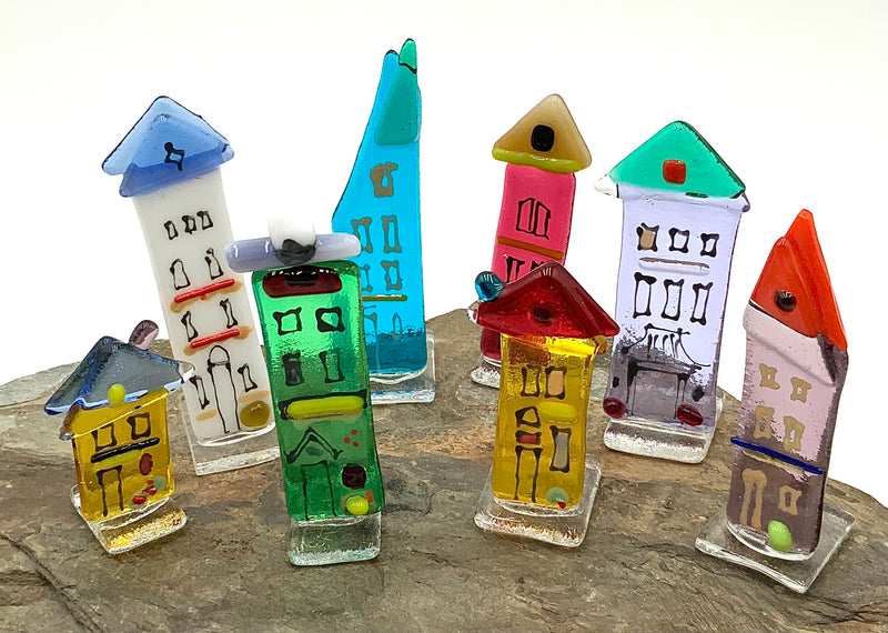 8pc Handmade Fused Glass Village