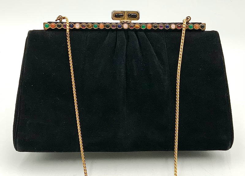 JUDITH LEIBER Vintage Black Suede Semi Precious Frame Chain Bag