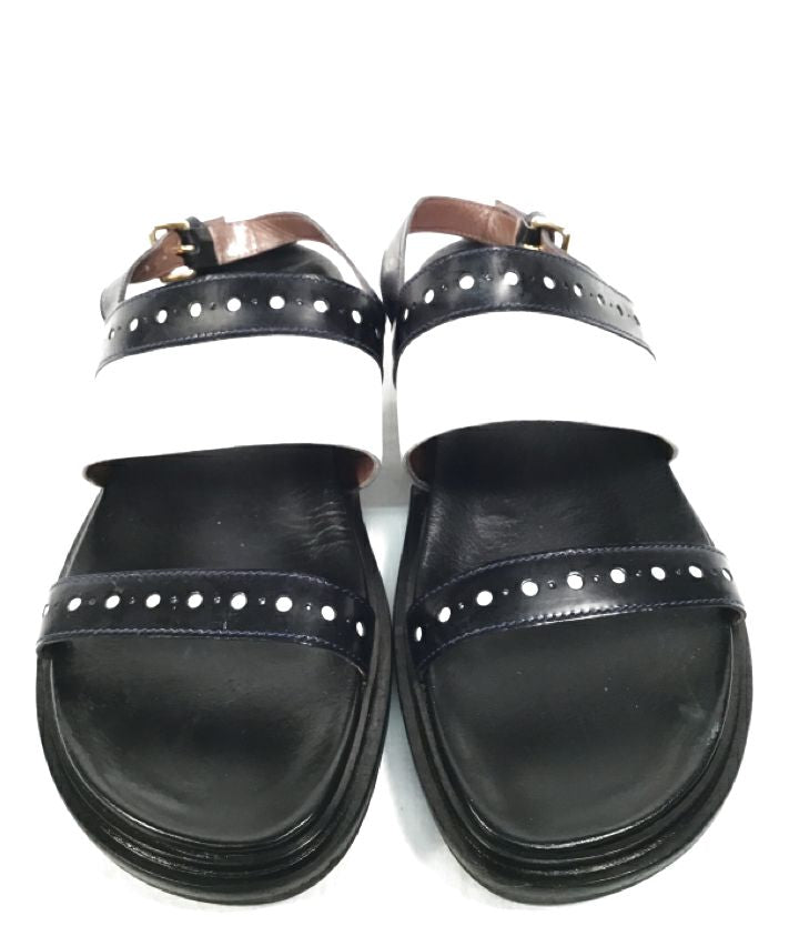 MARNI Blk Wht Leather Blue Stitched Fussbett Sandals 38