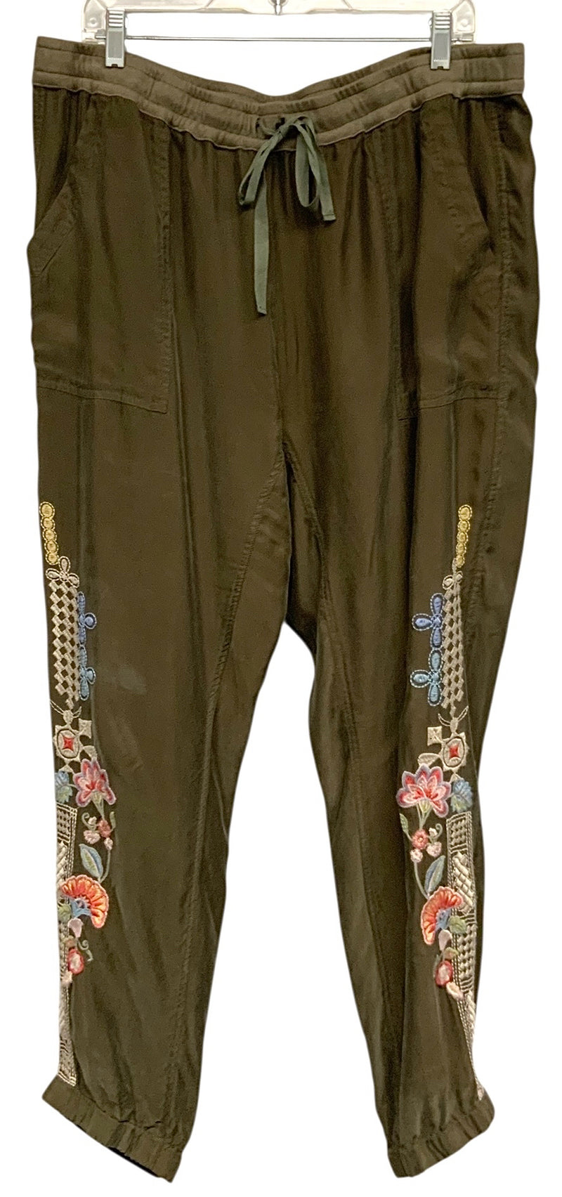 JOHNNY WAS Olive Green w/Multi Floral Embroid Drawstring Joggers