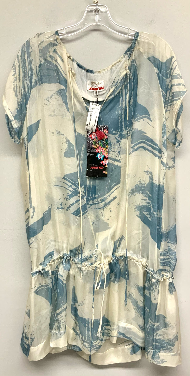JOHNNY WAS Blue/Ivory Sheer Tie Neck Ruffle Hem Silk Dress