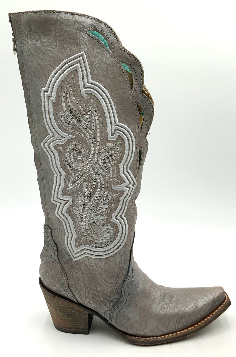 CORRAL Silver Lea w/Cut-Out & Rhinestone Detail C3202 Snip Toe Cowboy Boots 5