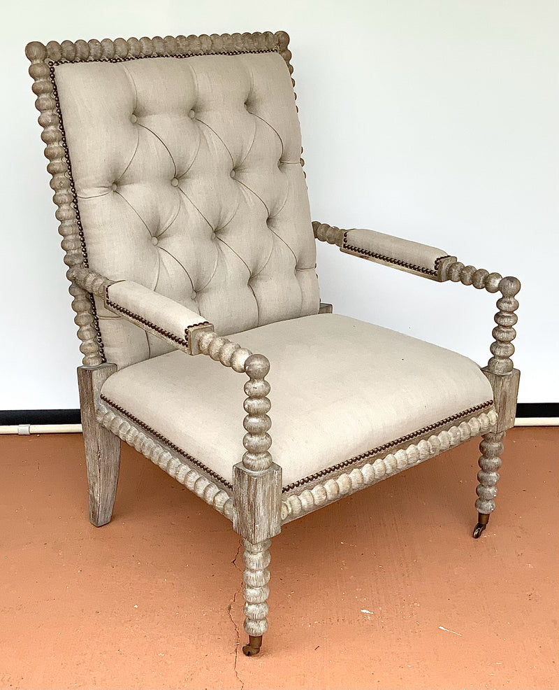 Whitewashed Spool Armchair with Tufted Linen Upholstery