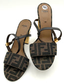 FENDI Brown Tabacco FF Canvas Goldtone 95MM Traced Heel Sandals 36.5