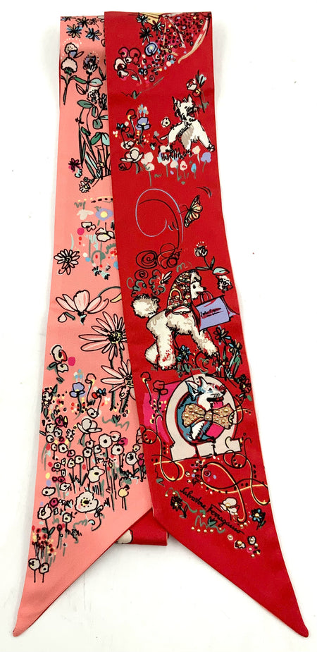 FERRAGAMO Red Pink Multi Floral Dog Motif Silk Thin Scarf