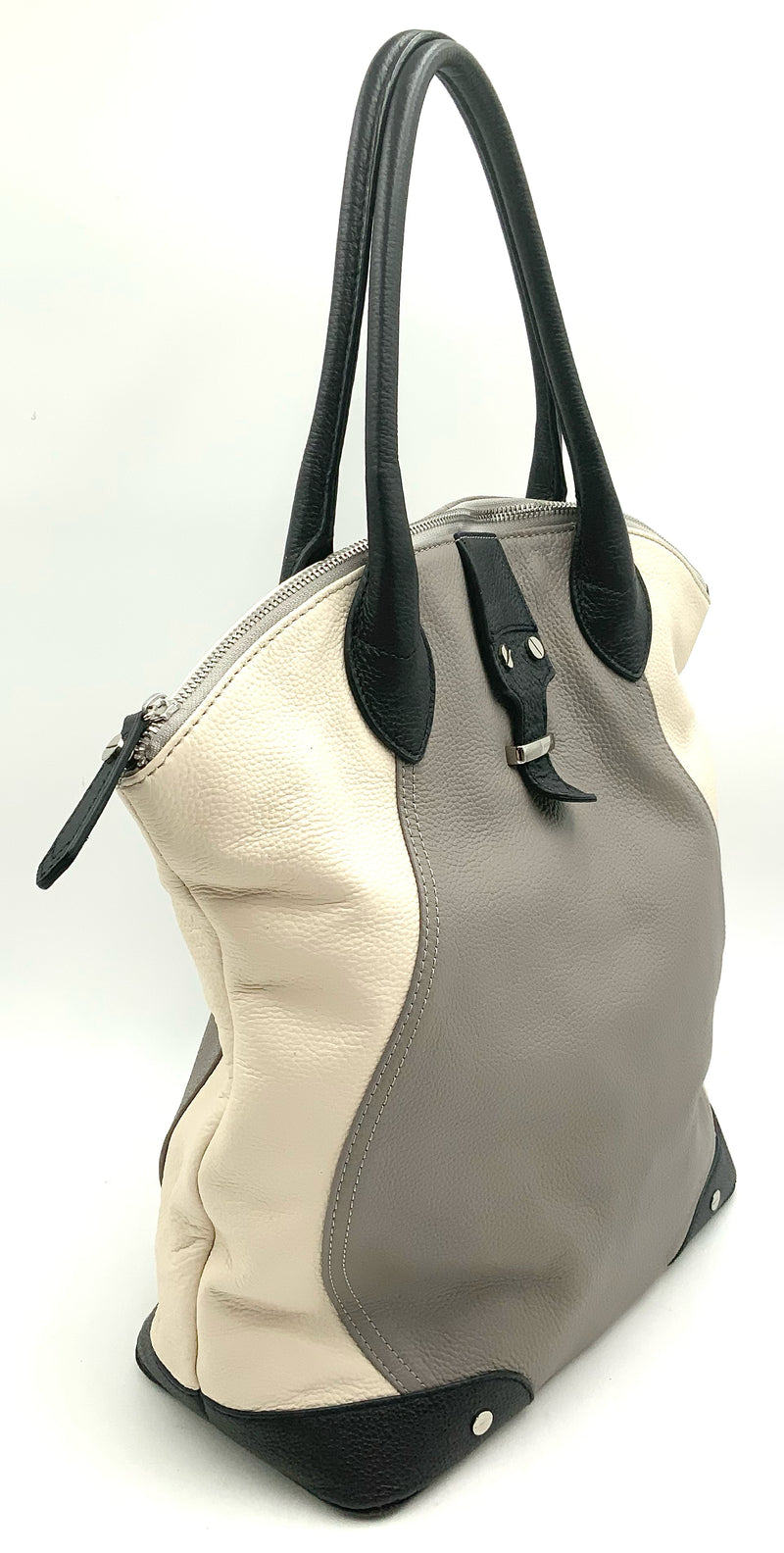 CHARLES JOURDAN Beige Grey Black Colorblocked Leather Satchel