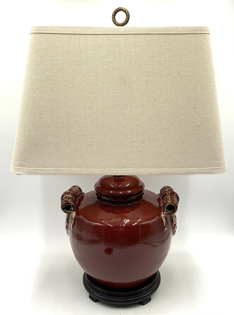 Pair of Oxblood Pottery Lamps with Square Shades