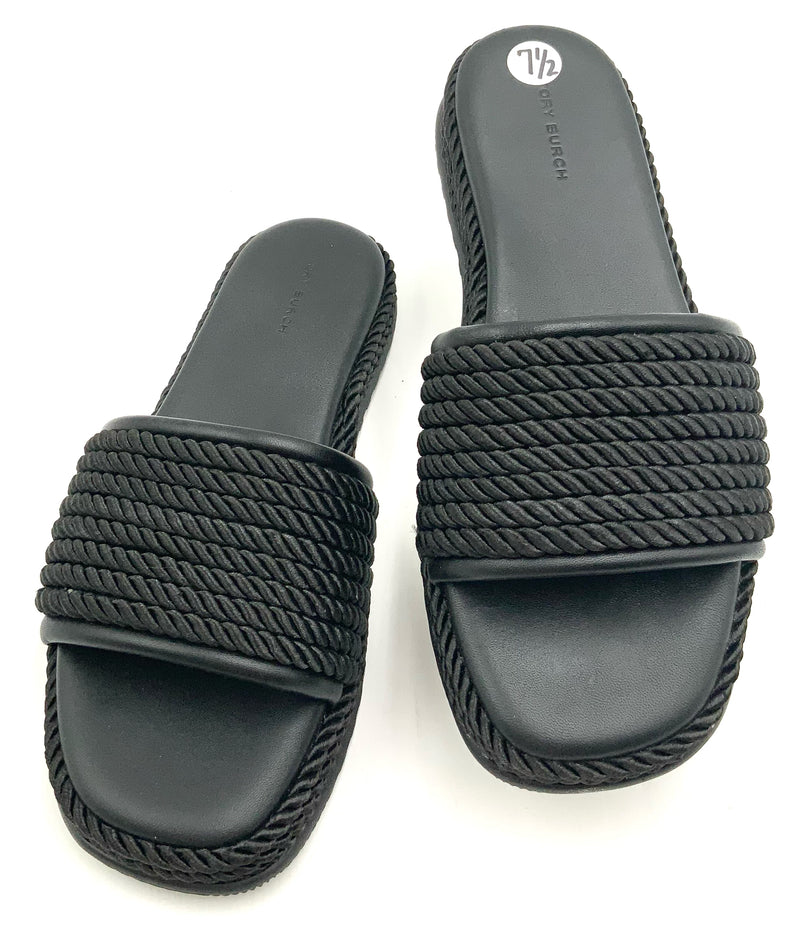 TORY BURCH Black Leather Rope Detail Platform Slide Sandals 7.5