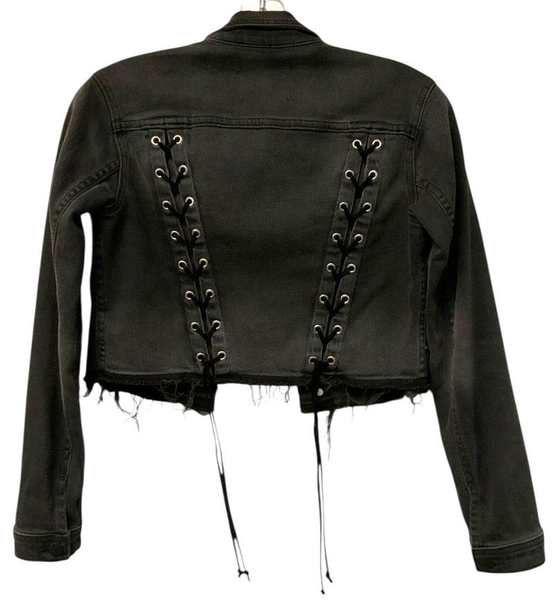 L'AGENCE Distressed Black Wash "Zuma"  Lace Up Cropped Jean Jacket