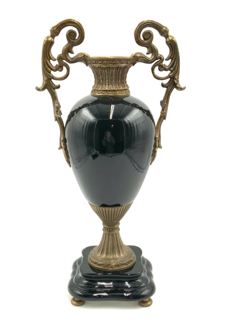 Black Ceramic Urn with Brass Accents