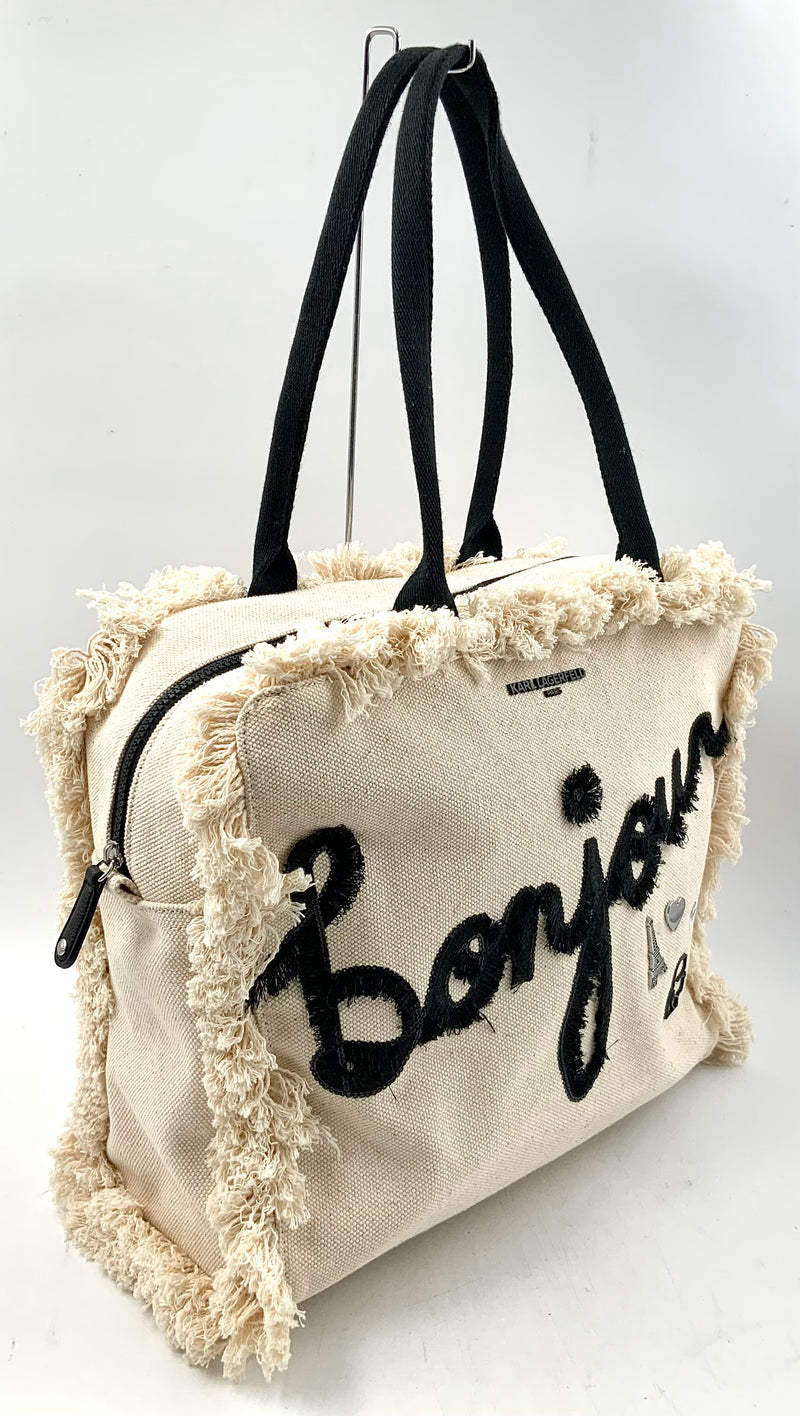 KARL LAGERFELD Beige Cotton Black Bonjour Paris MarketTote