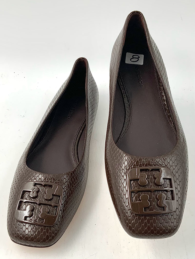 TORY BURCH Brown Snake Embossed Lea Square Toe Georgia Flats 8