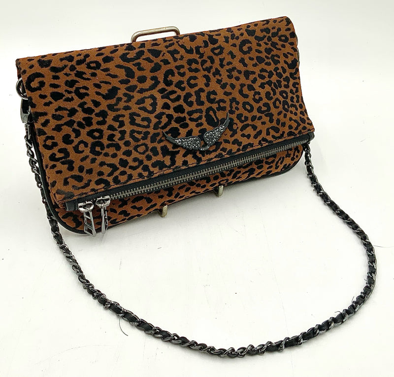 ZADIG & VOLTAIRE Black Cognac Suede Leopard Chain Strap Rock Handbag