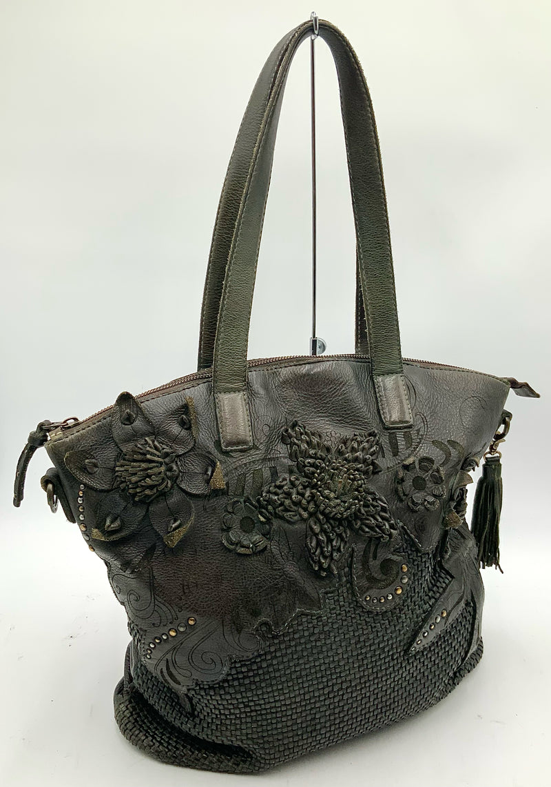 ART N VINTAGE Sage Green Woven Floral Leather Tote NO STRAP