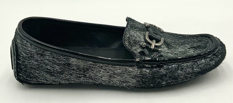 DONALD PLINER Black Patent Silver Pony Hair Viky Loafers 6.5