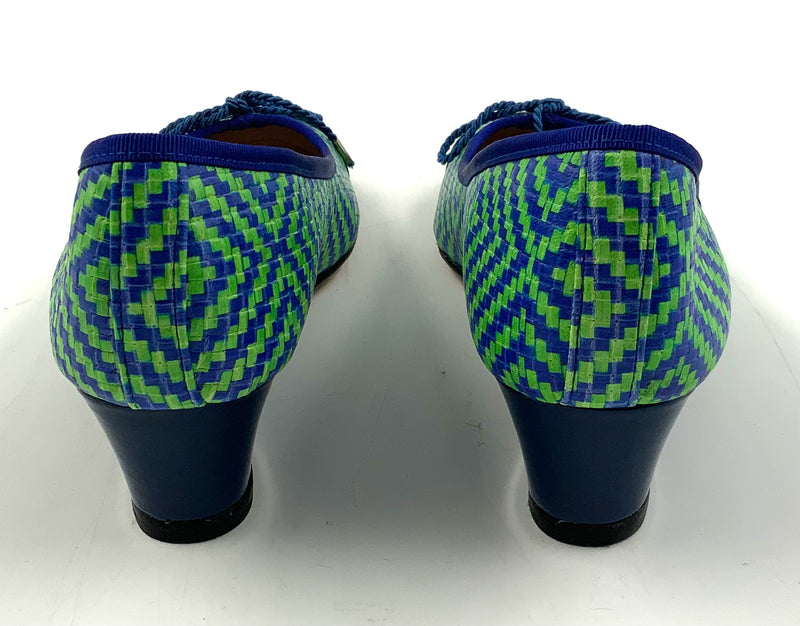 PAUL MAYER Blue Green Geometric Leather Patent Toe Wedges 8