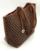 BRIGHTON Russet Brown/Black Leather Lasercut Venetian Squares Reva Tote Bag