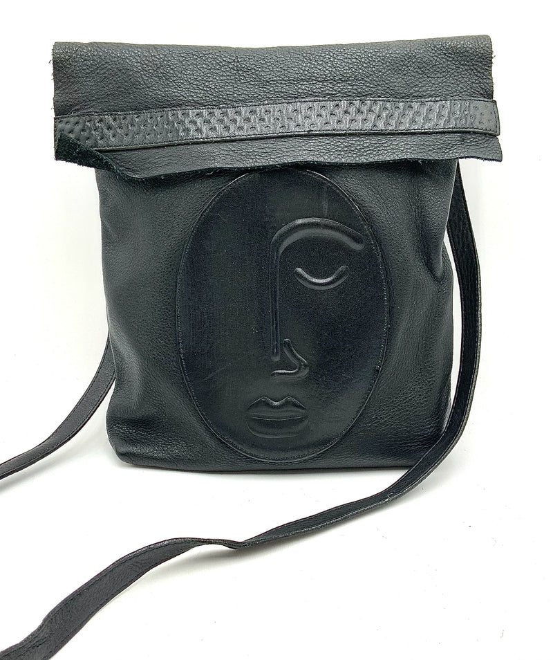 Artisan Black Purple Brown Leather Face Medallion Crossbody