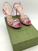 GUCCI Pink Metallic Nappa Leather Jeweled Stiletto Sandals 38.5