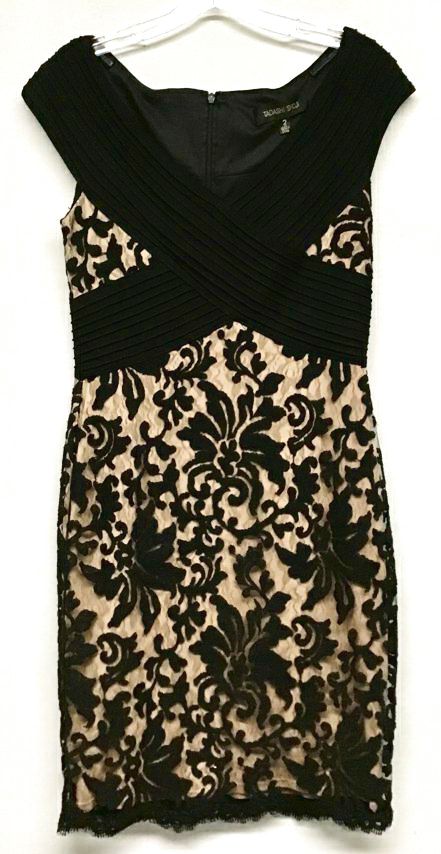 TADASHI SHOJI Black Lace Nude Underlay Pleated Bust Dress