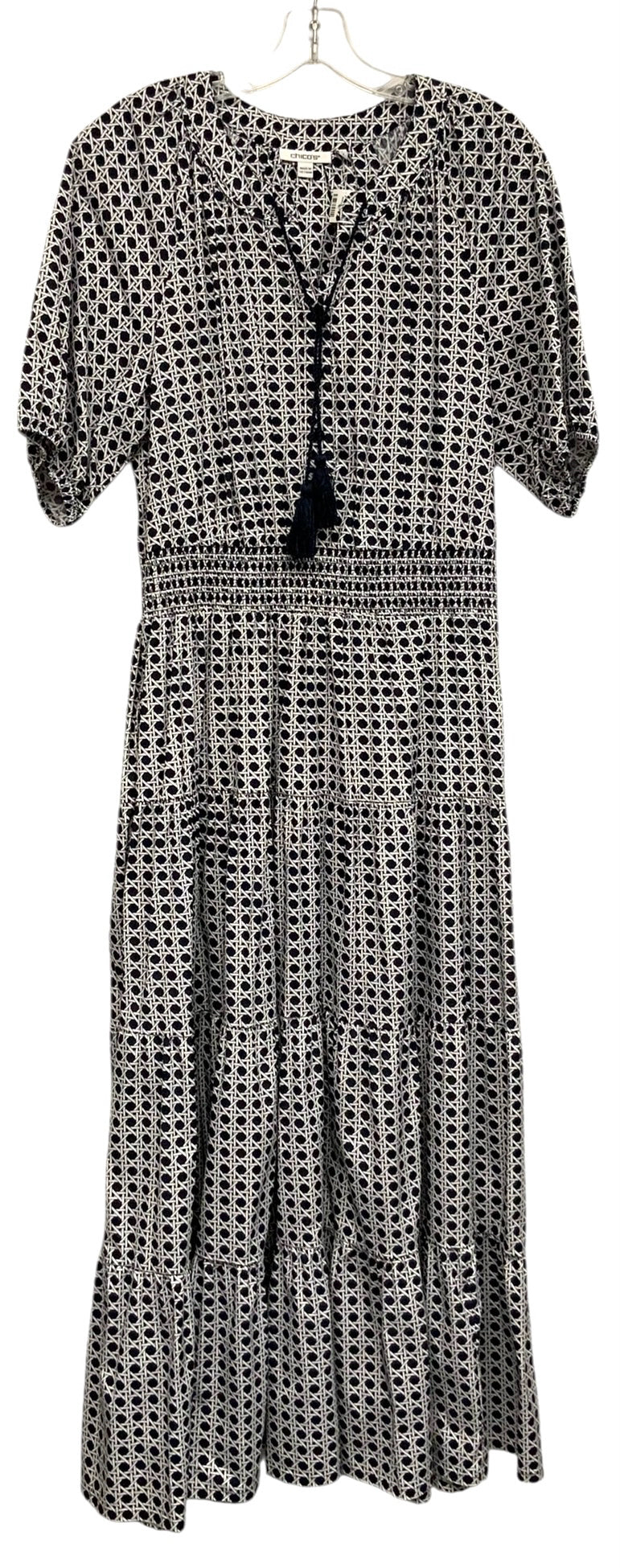 CHICOS Navy White Basket Weave Pattern Tie Neck Tiered Bottom Dress