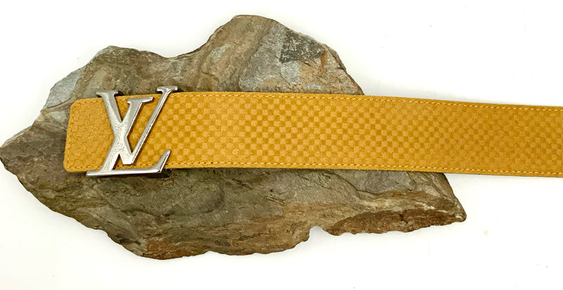 LOUIS VUITTON Mustard Suede Mini Damier Silvertone Buckle Initiales Belt 90cm