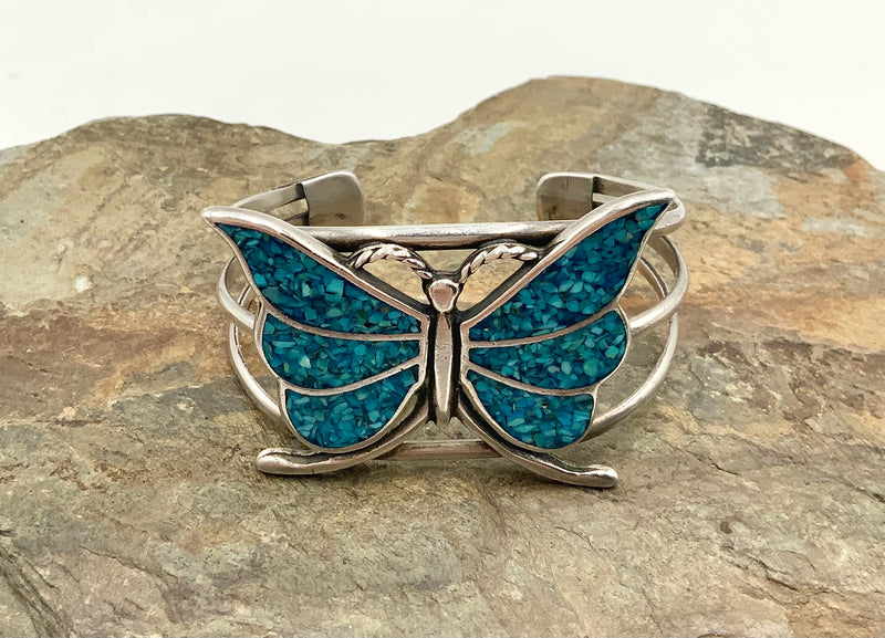 Southwest Style Sterling & Turquoise Chip Inlay Butterfly Cuff