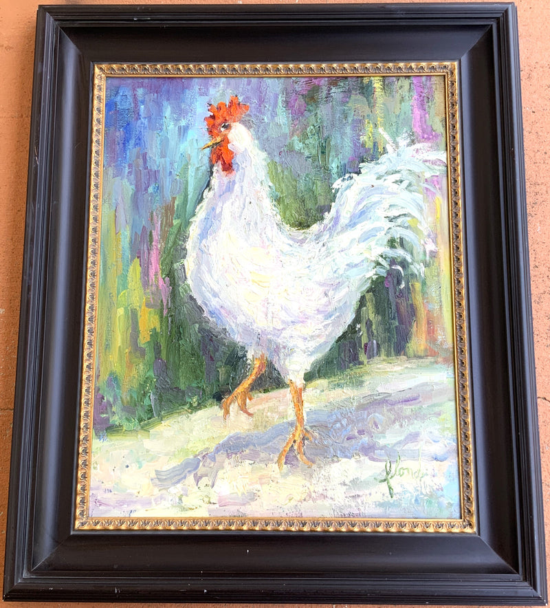 Original Bonnie Flood Framed Oil on Canvas of Rooster