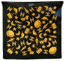 CHANEL Vintage Black Gold Charms Motif Silk Scarf