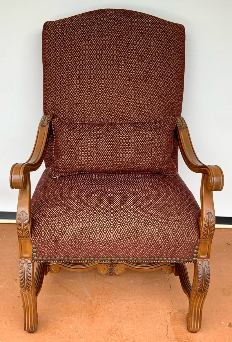 Oversized Upholstered Armchair with Carved Wood Frame